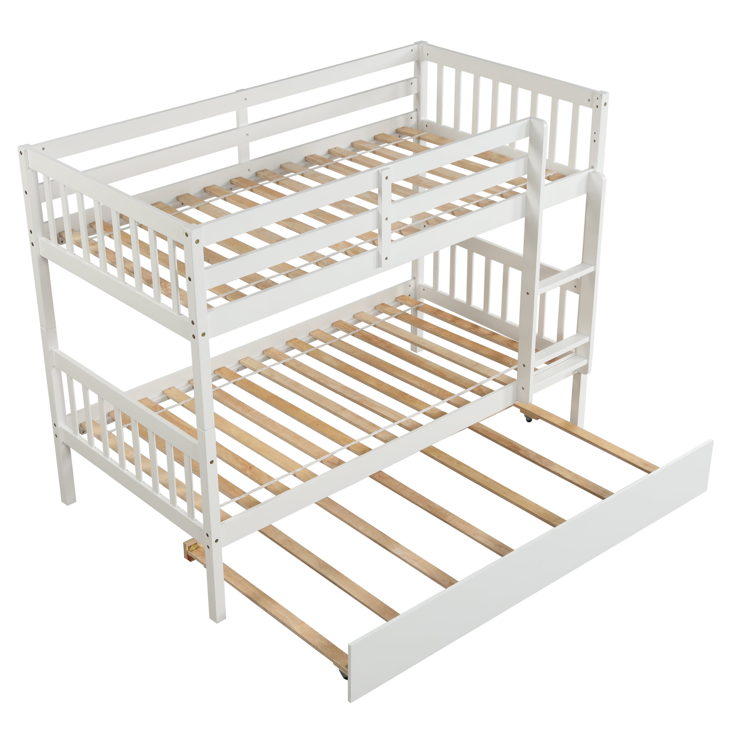 Resenkos Twin Over Twin Bunk Beds with Trundle, Solid Wood Trundle Bed Frame with Safety Rail and Ladder,White Resenkos Twin Over Twin Bunk Beds with Trundle, Solid Wood Trundle Bed Frame with Safety Rail and Ladder,White