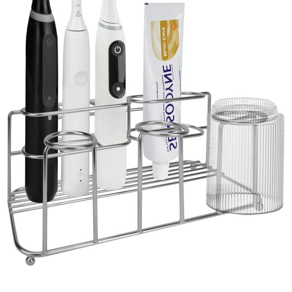 Linkidea Electric Toothbrush Holder, Stainless Steel 4 Slots Vanity/Wallmount Organizer for Powered Toothbrush, Toothpaste, Compatible with Oral-B iO Series, Philips Sonicare, 7AM2M (Silver)