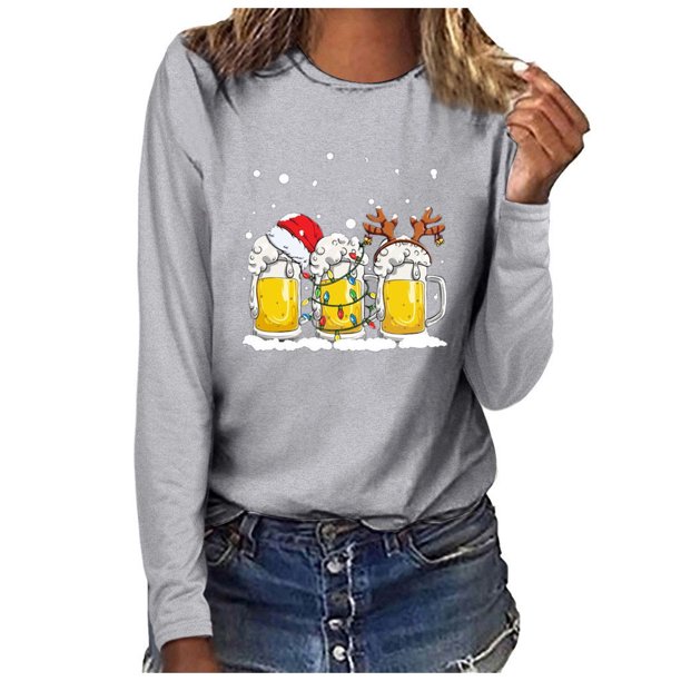 Pntutb Mujer Navidad Casual Manga Larga O-Cuello Cerveza Sudadera Pullover Blusa Pntutb Pntutb-6619