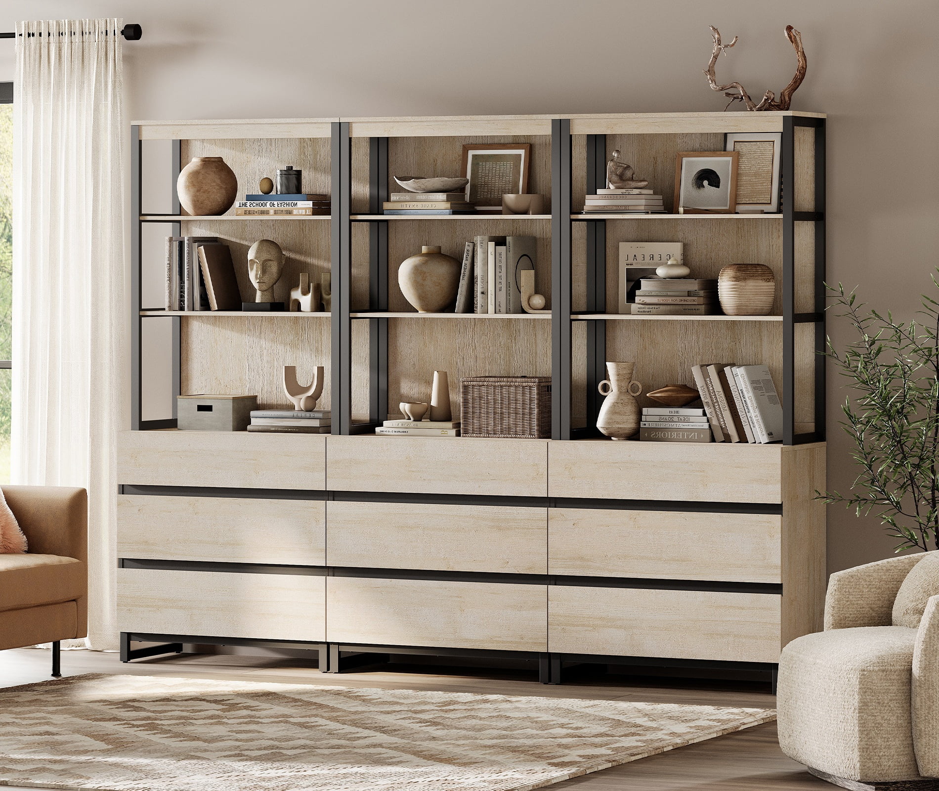 WAMPAT 3-Piece Modern 72" Tall Freestanding Bookcase，9 Drawers, Open Shelves & Storage Cabinet with Metal Base，Wood Library Bookshelf for Home Office & Living Room