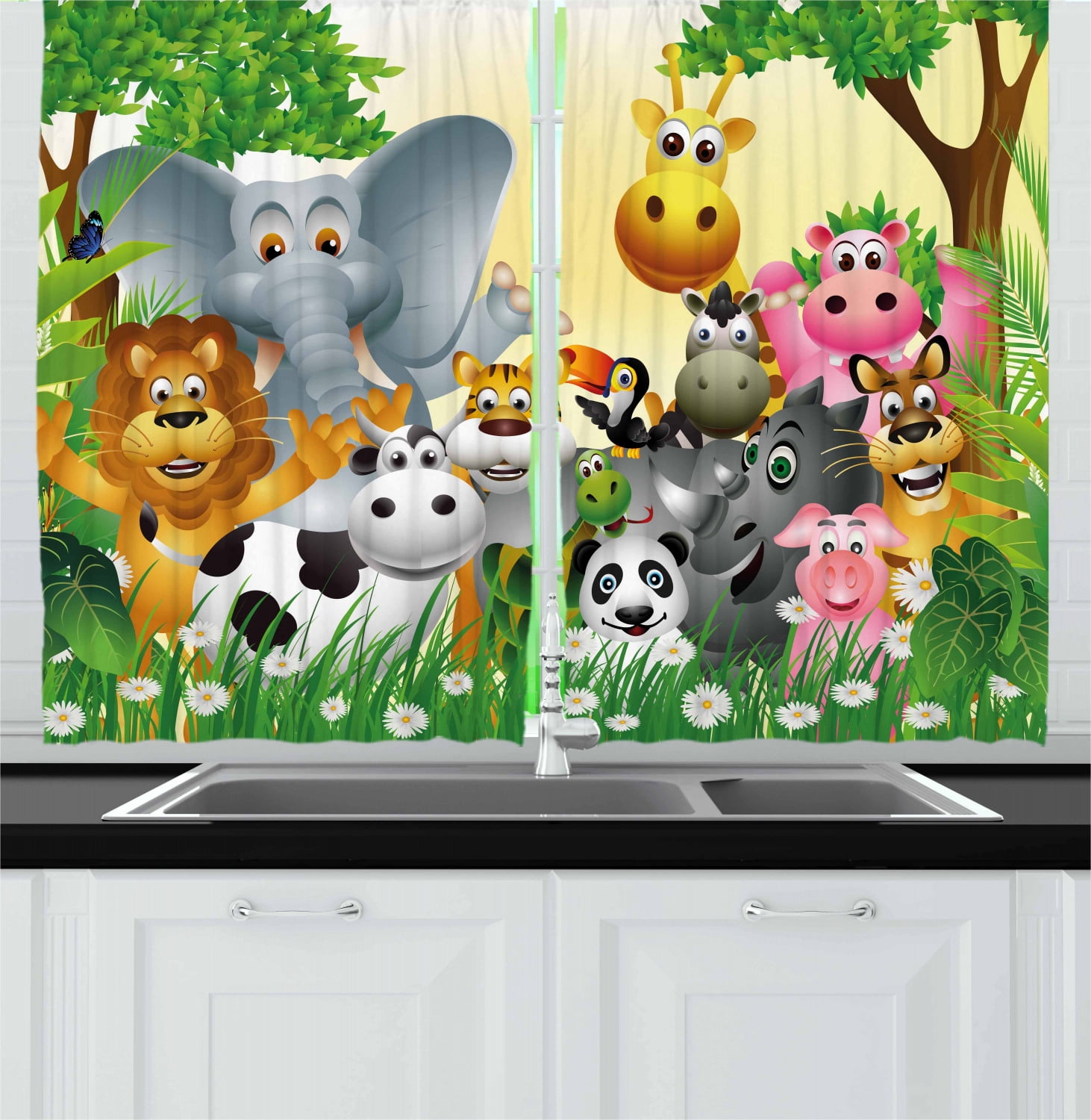 CHILDRENS SAFARI DUVET SET SINGLE Bed 54" Drop Curtain Panels Giraffe Elephant 