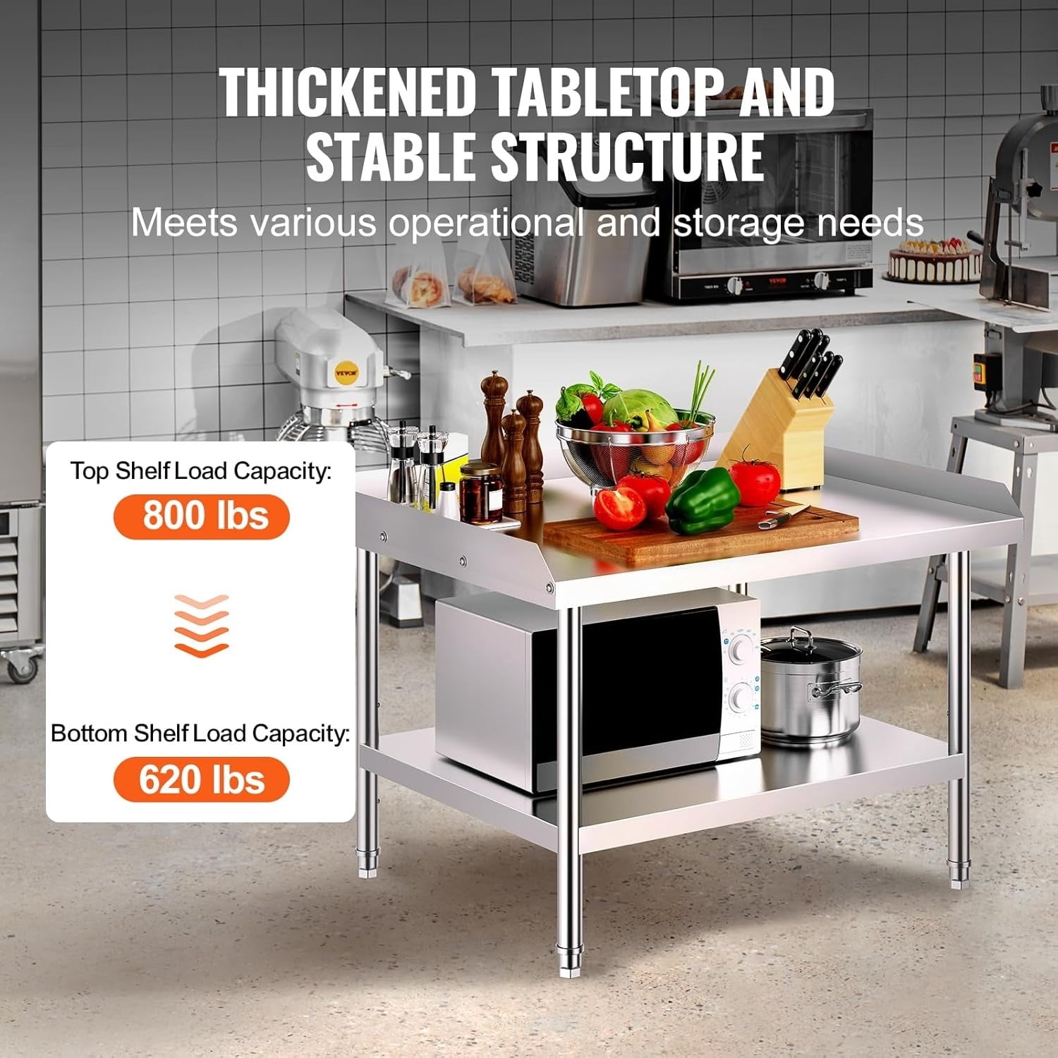 Stainless Steel Work Table, 30 x 36 x 26 Inch Commercial Food Prep Worktable, 3-Sided Backsplash Heavy Duty Prep Worktable, Metal Work Table with Adjustable Height for Restaurant Home Hotel