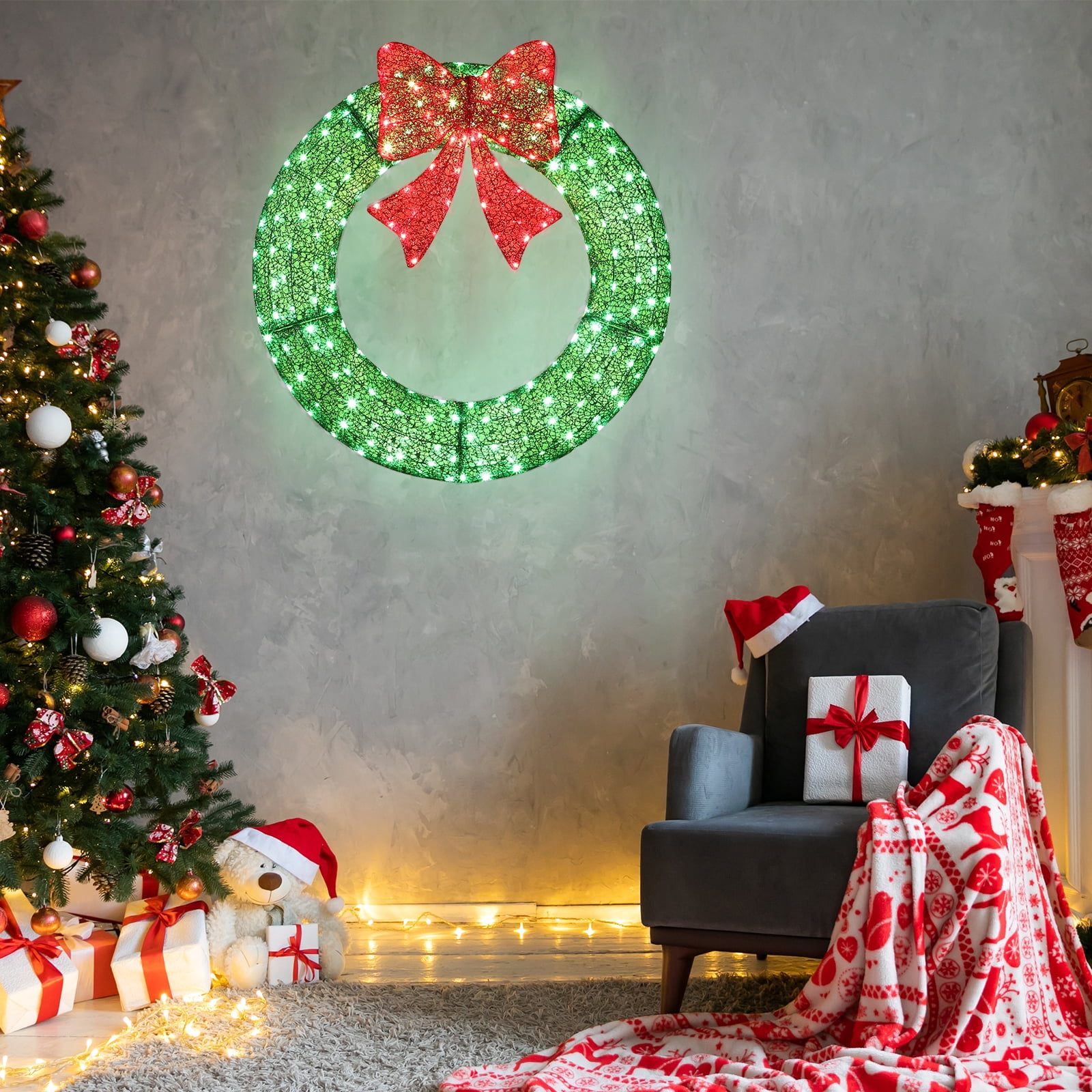 35.4" Pre-Lit Outdoor Christmas Wreath with Red Bow, 225 Red Green LED Lights Remote Control Timer Weather-Resistant Metal Frame for Indoor Outdoor Front Door Porch Gate Holiday Decor