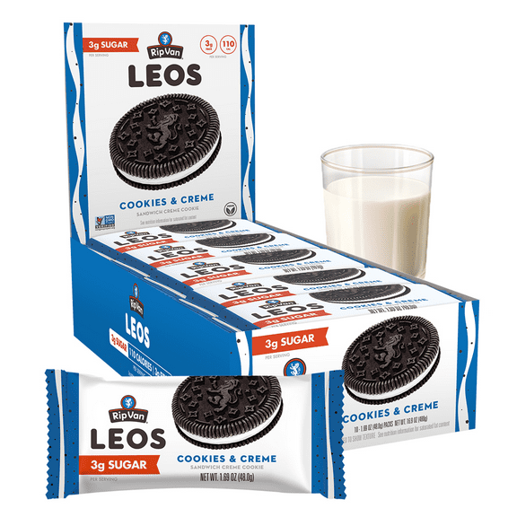Rip Van LEOS Cookies & Cream Sandwich Cookies, Low Carb, 2g Sugar, 10 Packs (40 Cookies, 1.69 oz Each)