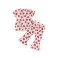 thumbnail image 2 of Douhoow Toddler Girl Summer Ribbed Floral Outfits Baby Ruffle Short Sleeve Strawberry T-Shirt Tee Elastic Waist Flare Pants Set, 2 of 9