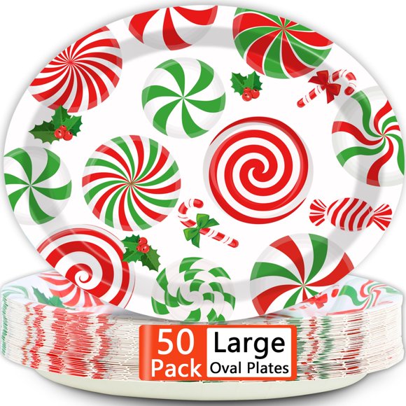 Paquete de 50 platos ovalados de papel navideños con menta y menta, 28 cm, de Qyeahkj