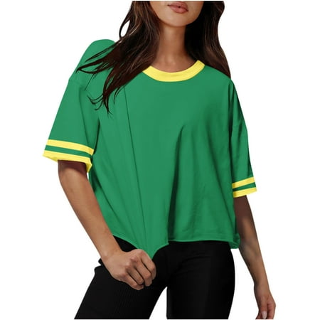 BangWanChi Ladies  Casual Drop Shoulder T-Shirt Round Neck Oversized Crop Top for Gym & Lounge