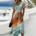 thumbnail image 2 of Women's Floral Print V Neck Dress Short Sleeve High Waist A Line Midi Casual Summer Outfit Flowy Lightweight Party Wear Vacation Boho Chic Saffron XXL, 2 of 6
