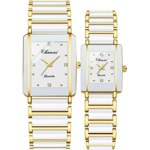 TRAHOO-Vintage Couple Watches Men and Women Matching Quartz Watch Square Ceramic His and Hers Watches Set Pair Watches Diamond Waterproof
