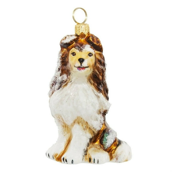 Snowy Shetland Sheepdog Sitting Dog Polish Glass Christmas Ornament Sheltie Pet