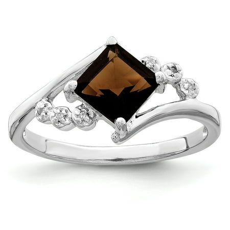 Smokey Quartz Birthstone - Sterling Silver Princess Rhodium Smokey Quartz & Diamond Ring. Carat Wt- 0.84ct