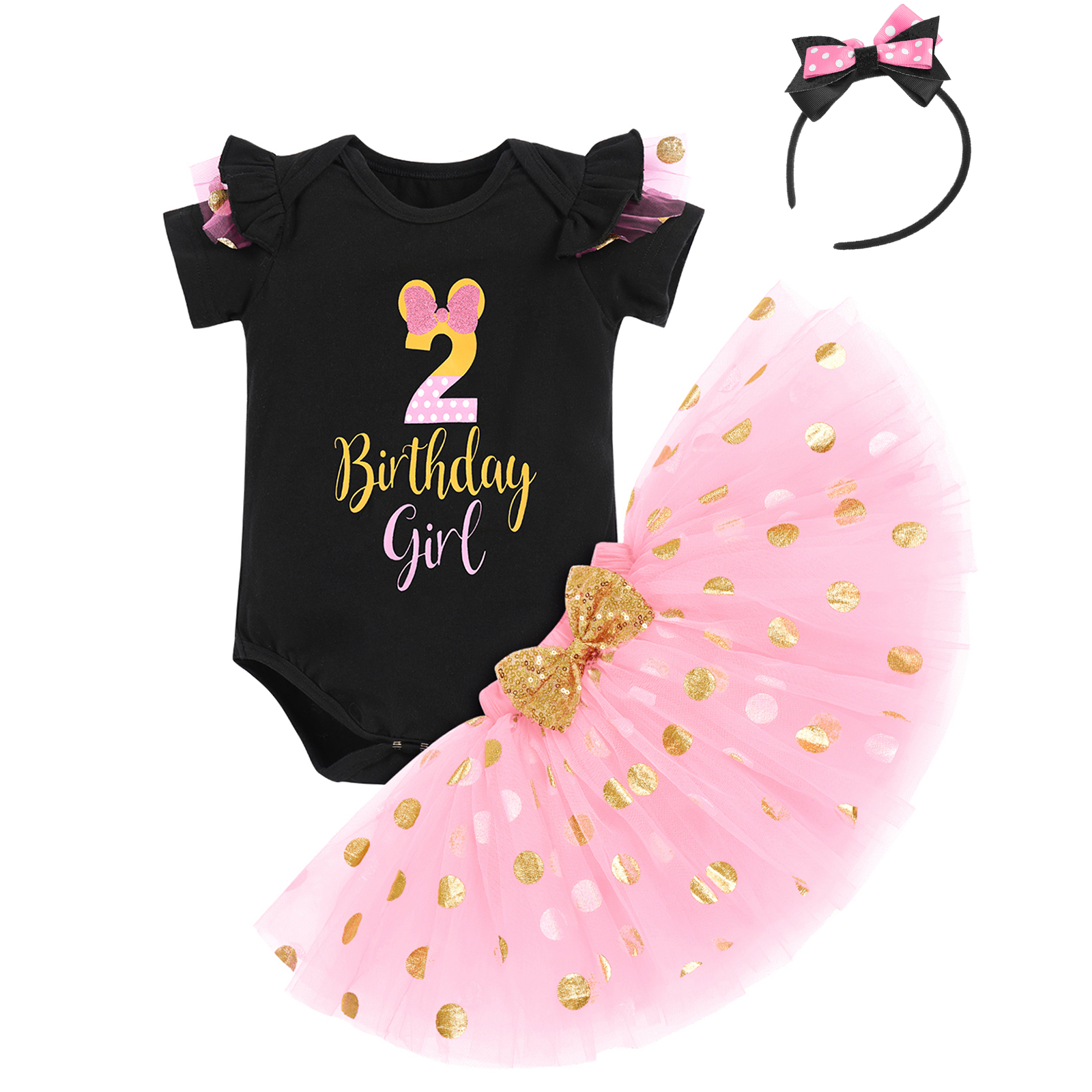 IBTOM CASTLE Toddler Girls 1st 2nd 3rd Birthday Outfit Princess Polka Dots Ruffle Tutu Skirt Mouse Headband Cake Smash Party Clothes Set 2 Years Black + Pink