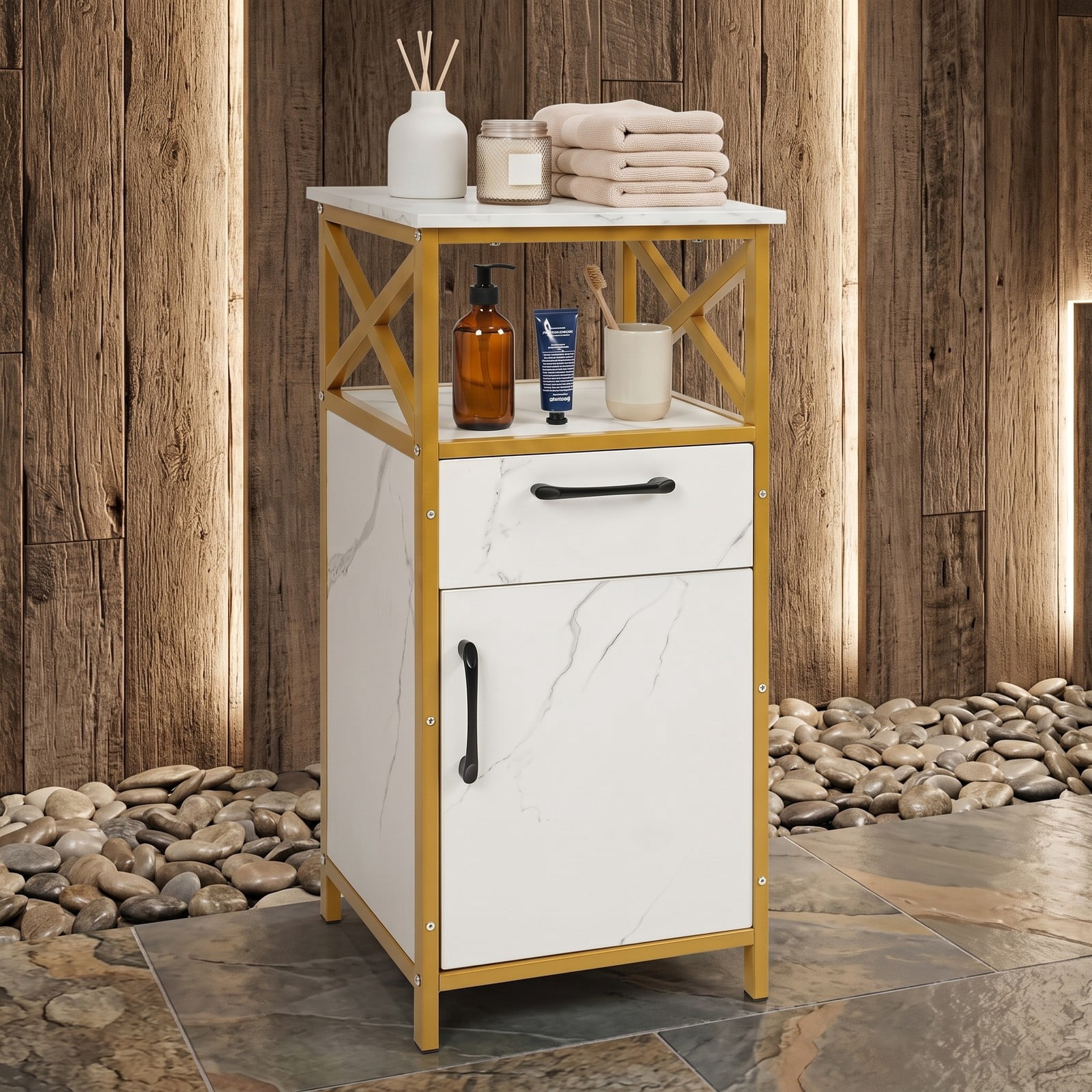 ALPULON Bathroom Storage Cabinet with Drawer, Freestanding Floor Cabinet with Single Door and Open Shelf, Faux Marble Storage Organizer with Golden Metal Frame, White