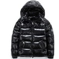 thumbnail image 1 of Shiny down jacket men's winter jacket stand collar down jacket with hood，M，Black, 1 of 4
