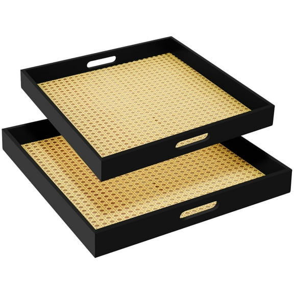 2PK Rattan Decorative Trays Rectangular Serving Trays Tabletop Trays with Handle