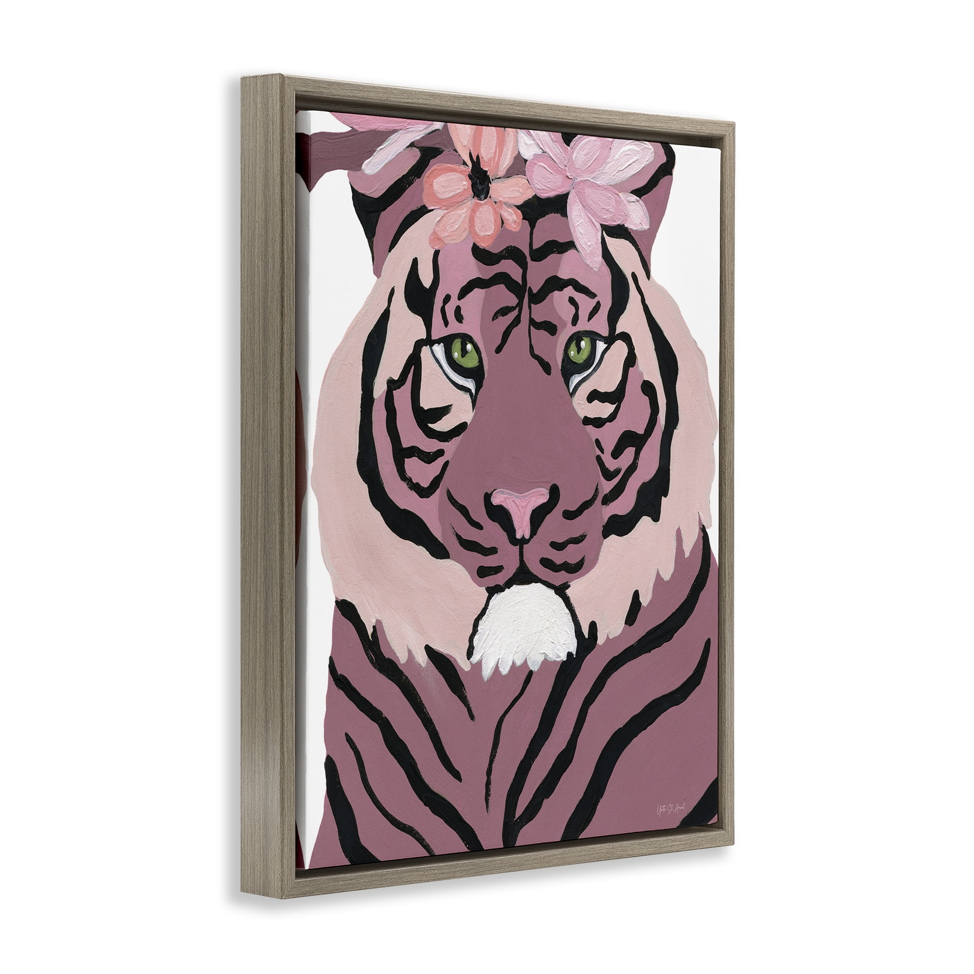 Stupell Industries Tiger with Pink Blooms Animals & Insects Painting Brown Floater Framed Canvas Art Print Wall Art, 17 x 21