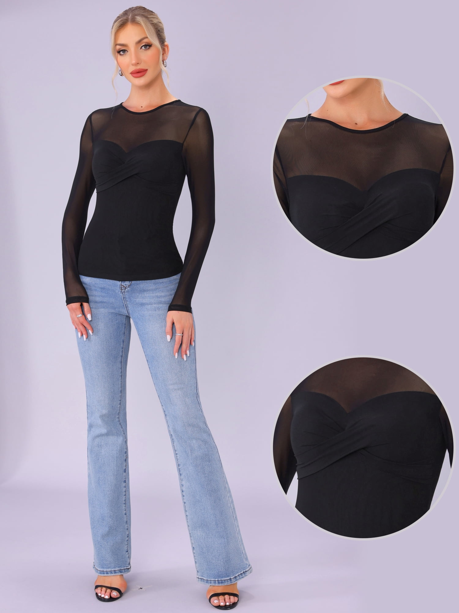 DARING DIVA Women's Mesh Long Sleeve See Through Sheer Top L Black