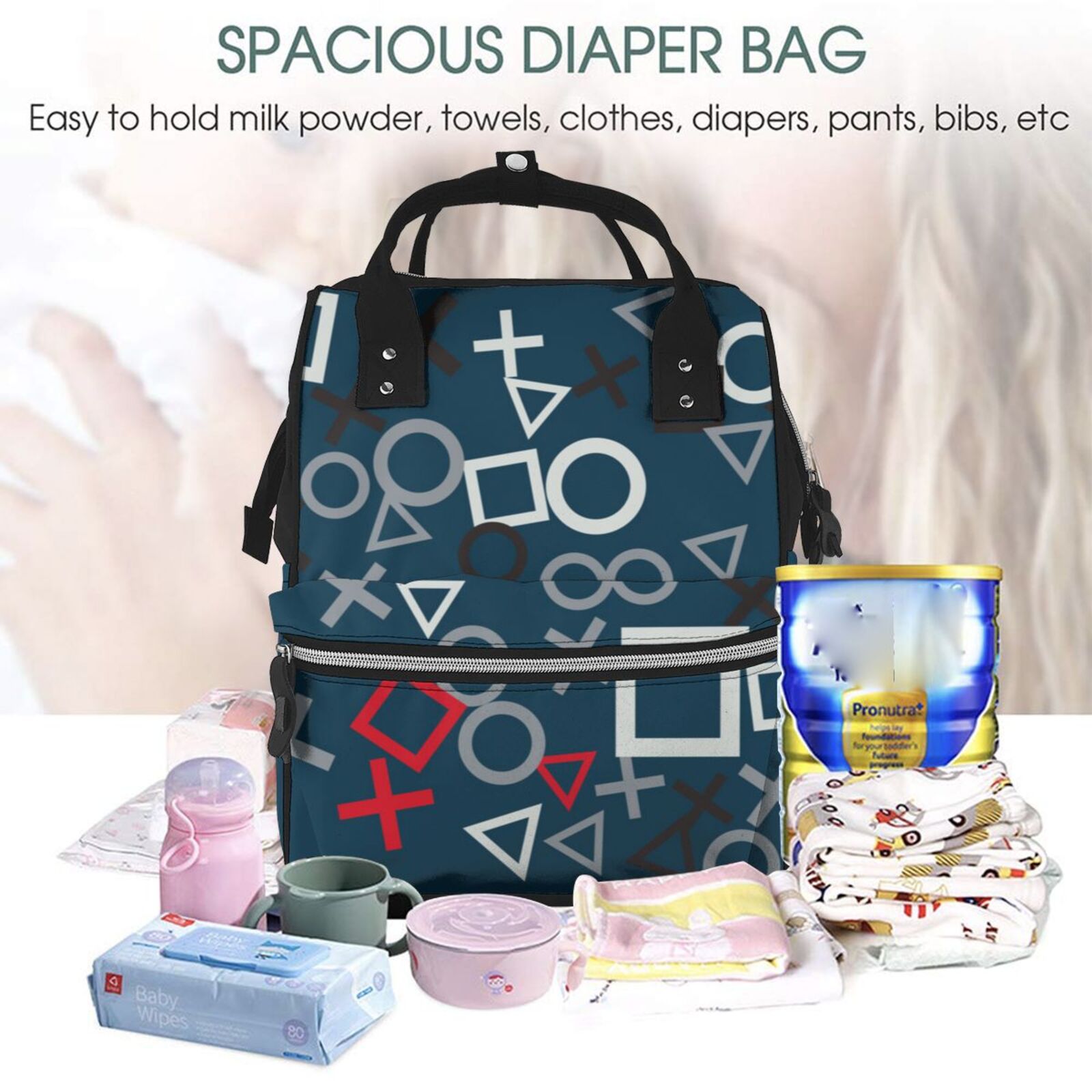 Kdxio Baby Diaper Backpack,Multi-Function Travel Backpack Nappy Bags,Nursing Bag, Fashion Mummy,Roomy Waterproof for Baby Care(Navy Blue Geometric)