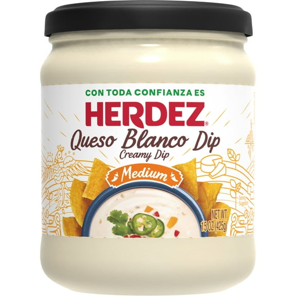 HERDEZ Queso Blanco Dip, Cheese Dip with Jalapenos, Shelf-Stable, Medium, 15oz Jar-Pack Of 4