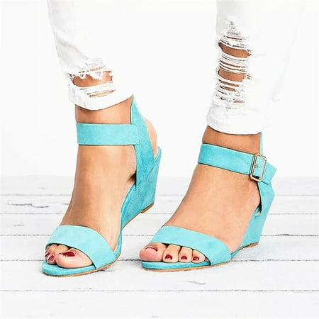 

Wirdiell Women s Solid Color Round Toe Wedge Heel Buckle Suede Low Top Sandals Shoes