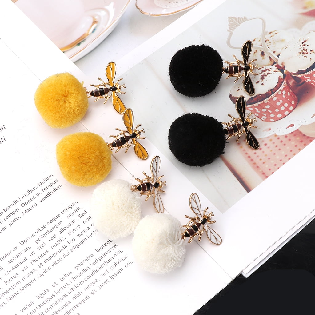Lehao Bee Pom Pom Ball Earrings Bee Ball Earrings Bee Jewelry for Women Girl Gift,Yellow 