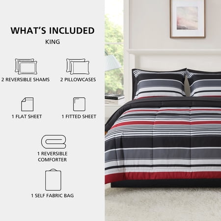 MAINSTAYS ALL IN ONE REVERSIBLE COMFORTER AND SHEET SET- 7 PIECE, KING, RED AND BLACK STRIPE