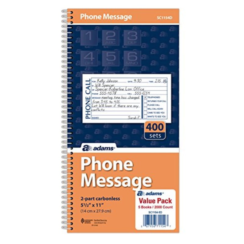Adams SC1154D Phone Message Book Spiral 11x5-1/2 400 St./Bk 