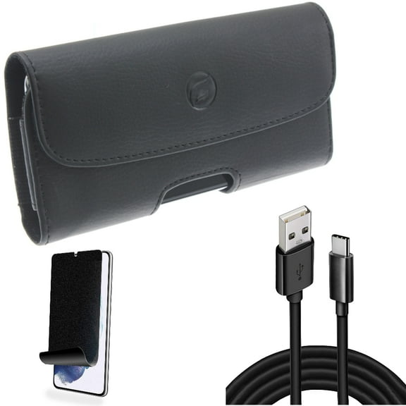For Samsung Galaxy S21 (6.2") - Holster Leather Case Belt Clip   [Fingerprint Works] TPU Film Privacy Screen Protector   Charger Cord Type-C 10ft USB Cable