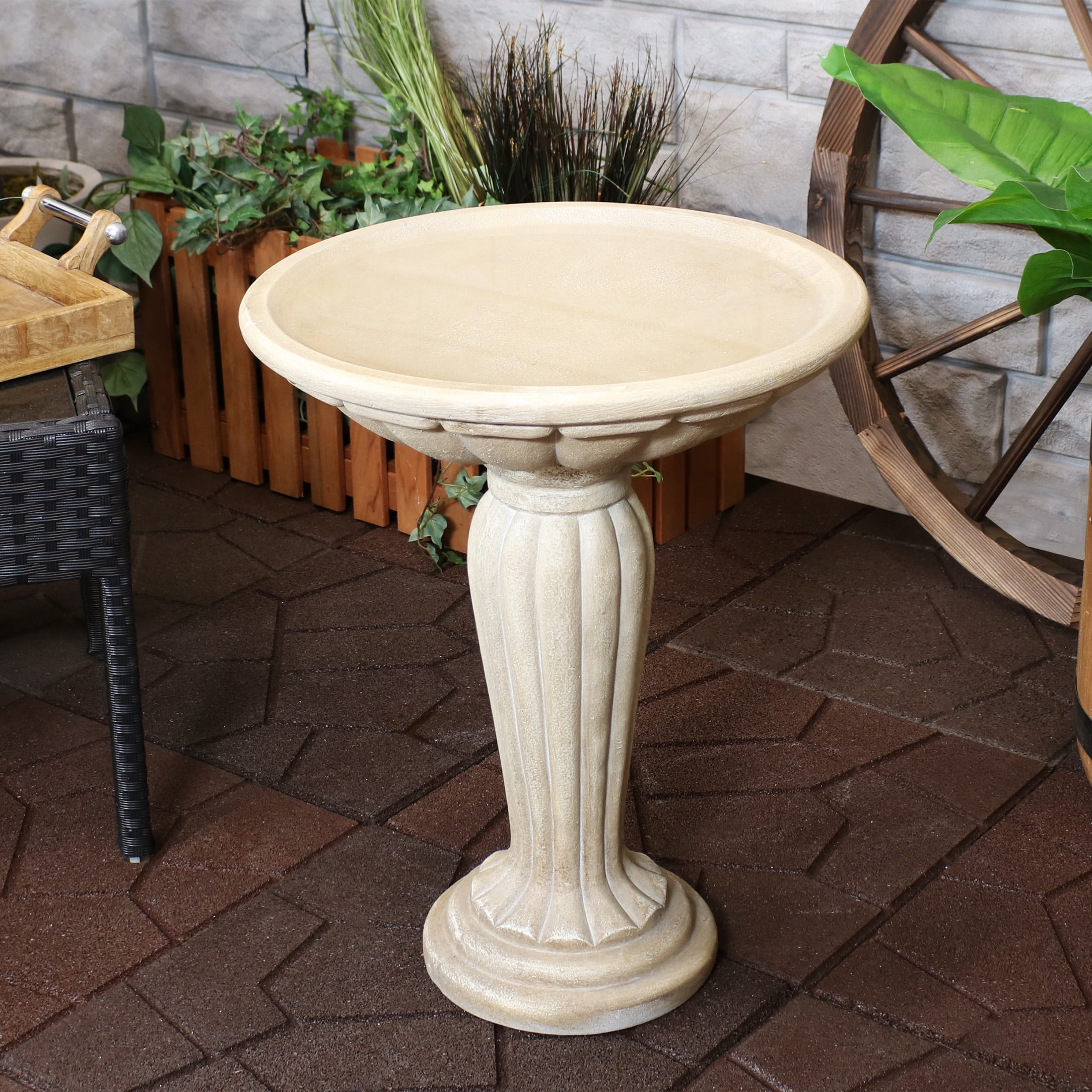 Sunnydaze Grecian Column Freestanding Glass Fiber Reinforced Concrete Outdoor Bird Bath, White