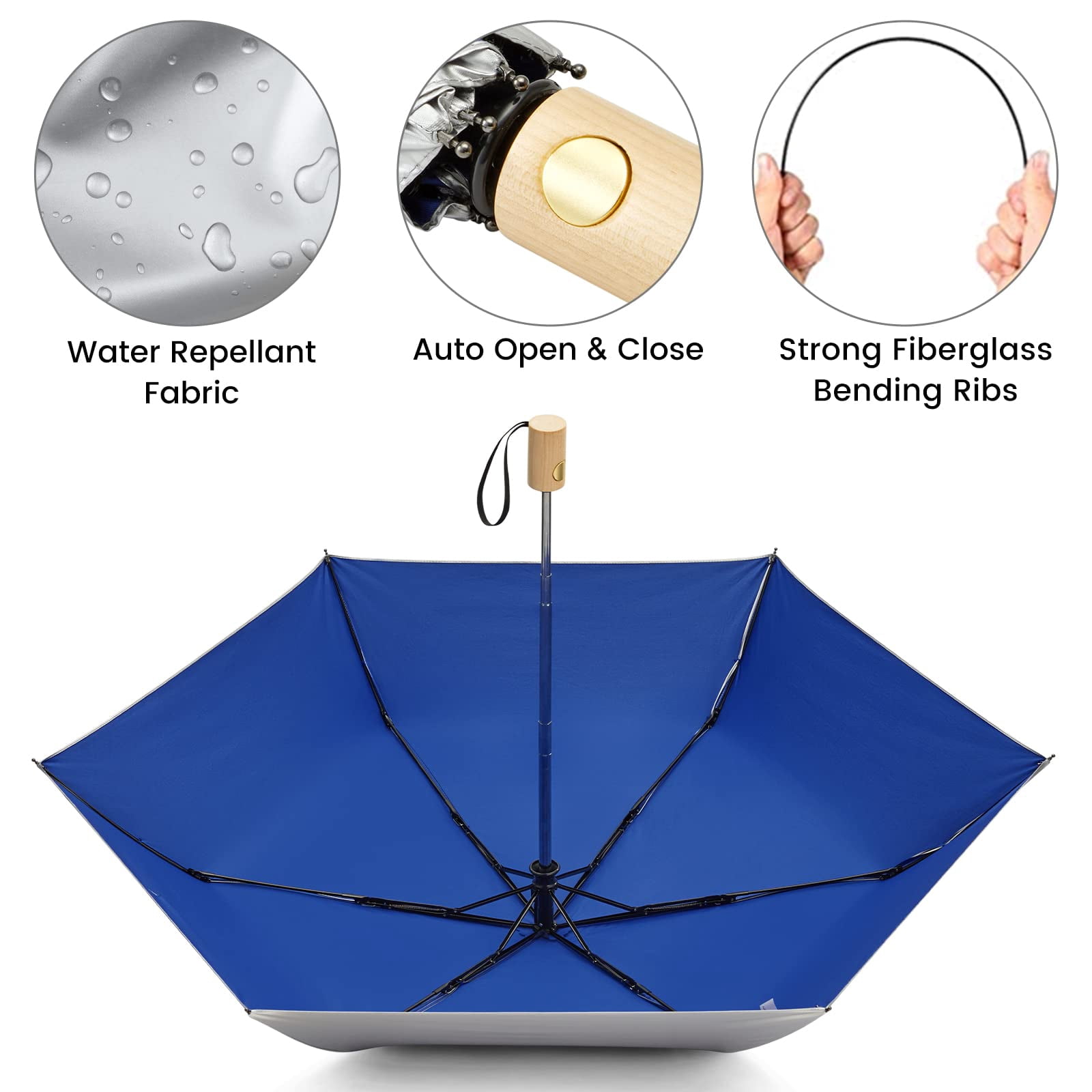 G4Free UPF 50+ UV Protection Travel Umbrella with Wooden Handle, 42 Inch Lightweight Sun Rain Folding Umbrellas Auto Open Close