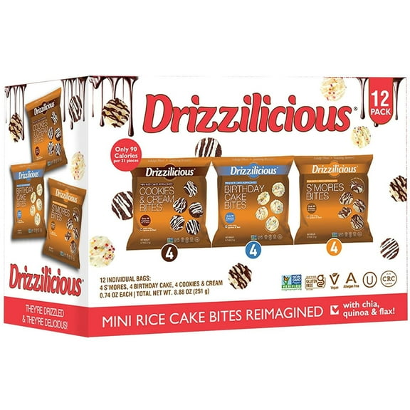 Drizzilicious Mini Rice Cakes TSF6 Variety Pack - Rice Crisps, Snack for Adults and Kids, Flavored Rice Cakes, Vegan, Gluten Free, Allergen Free, Only 90 Calories Per Bag - 0.74 oz (Pack of 12)