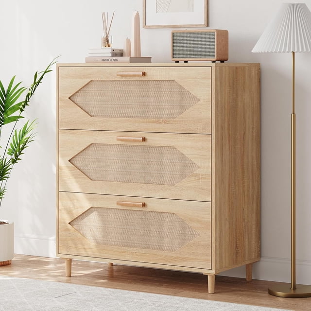 3-Drawer Rattan Dresser with Anti-Tip Device and Water-Resistant Top for Bedroom and Living Room Rustic Oak