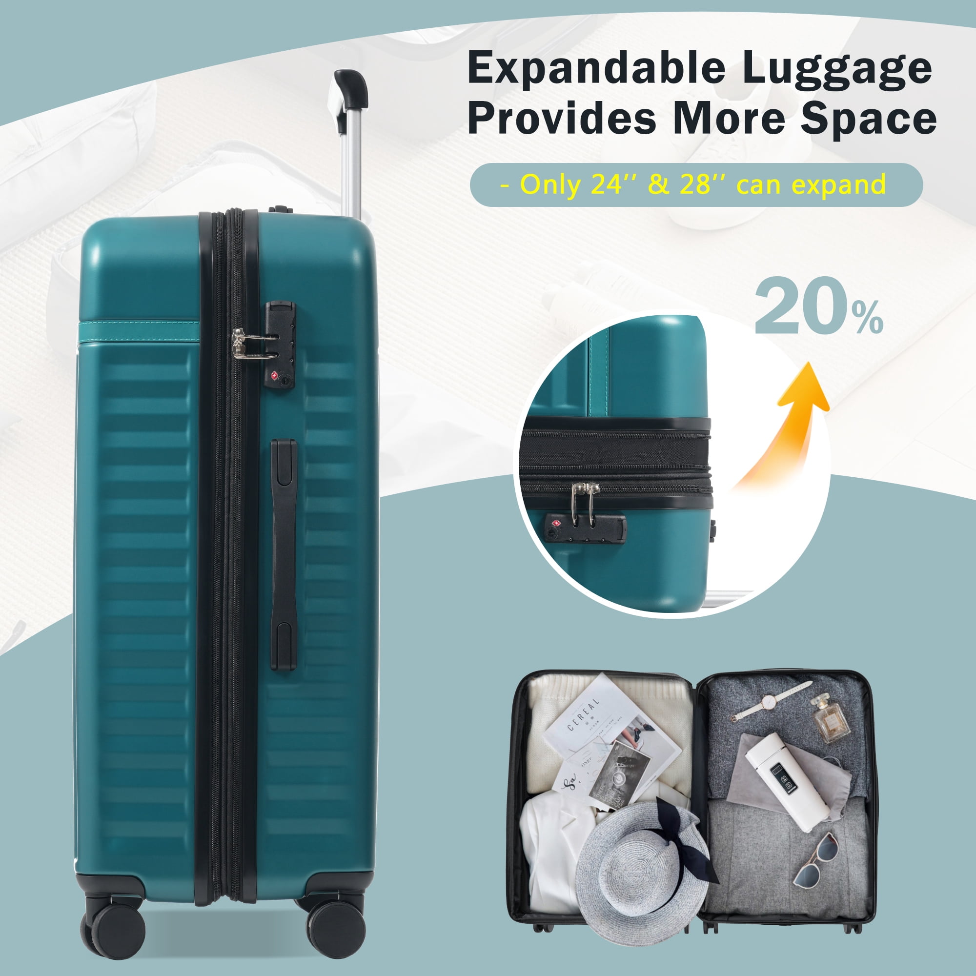 Euroco Luggage Sets 3 Piece,Front Opening Hardside Carry on Luggage with USB Port,Expandable Checked Suitcase with Bags,Spinner Wheels & TSA Lock for Travel,20"+24",Dark Green