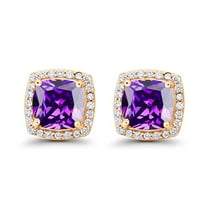 14k Yellow Gold Halo Princess Cut Tanzanite Stud Earrings 4MM Jewelry Gift for Women Plated by Paris Jewelry