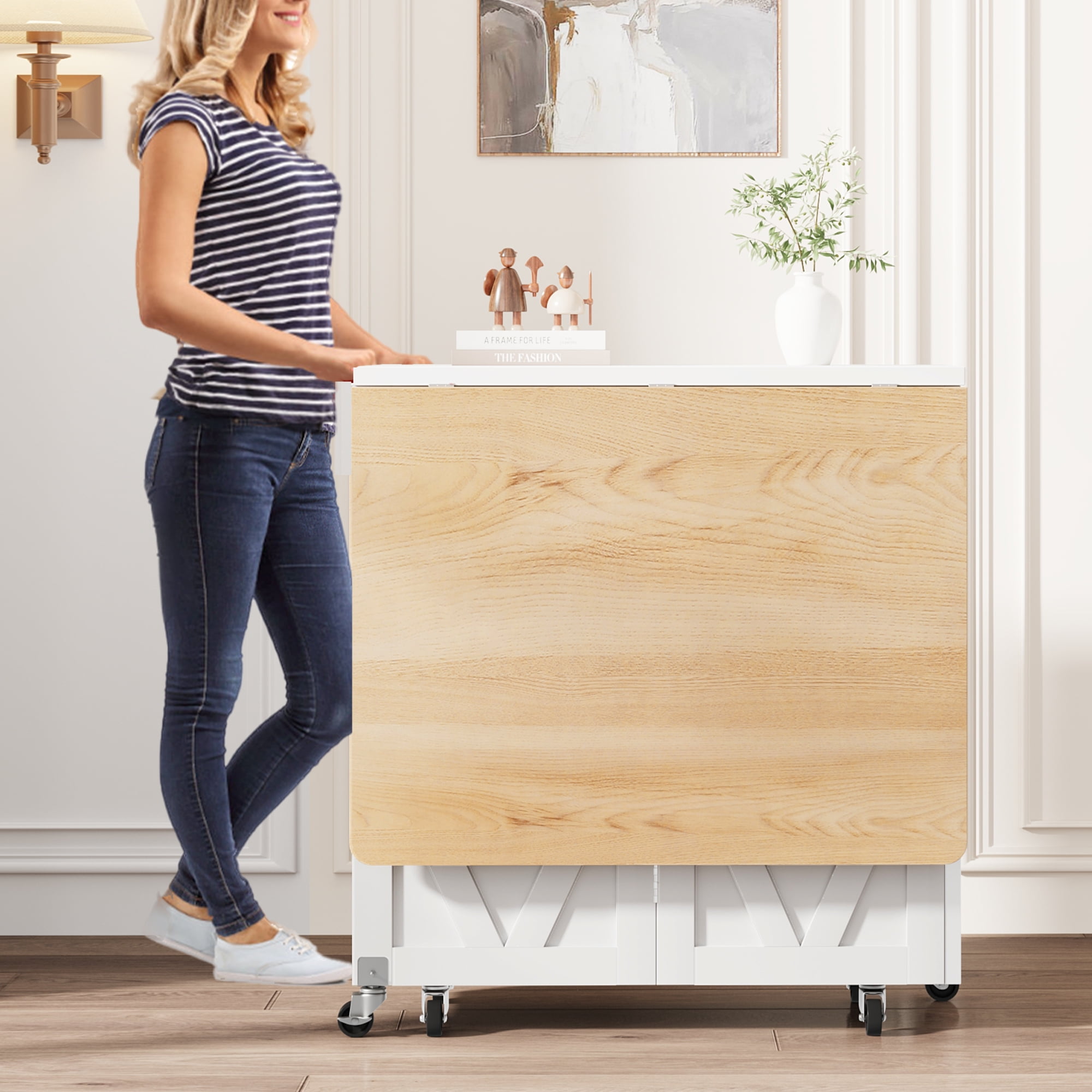 Hijob Space Saving Versatile Folding Kitchen Dining Table with Wheels & Storage Shelf for Small Apartment