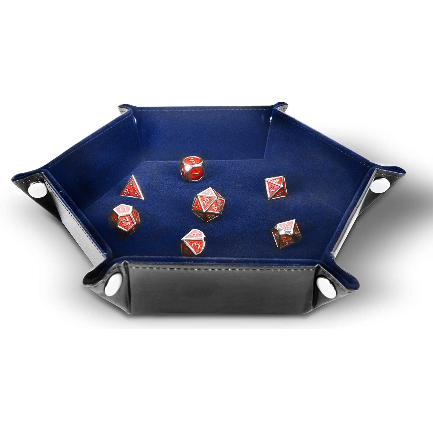 RNK Gaming Folding Hexagon Dice Tray PU Leather and Blue Velvet
