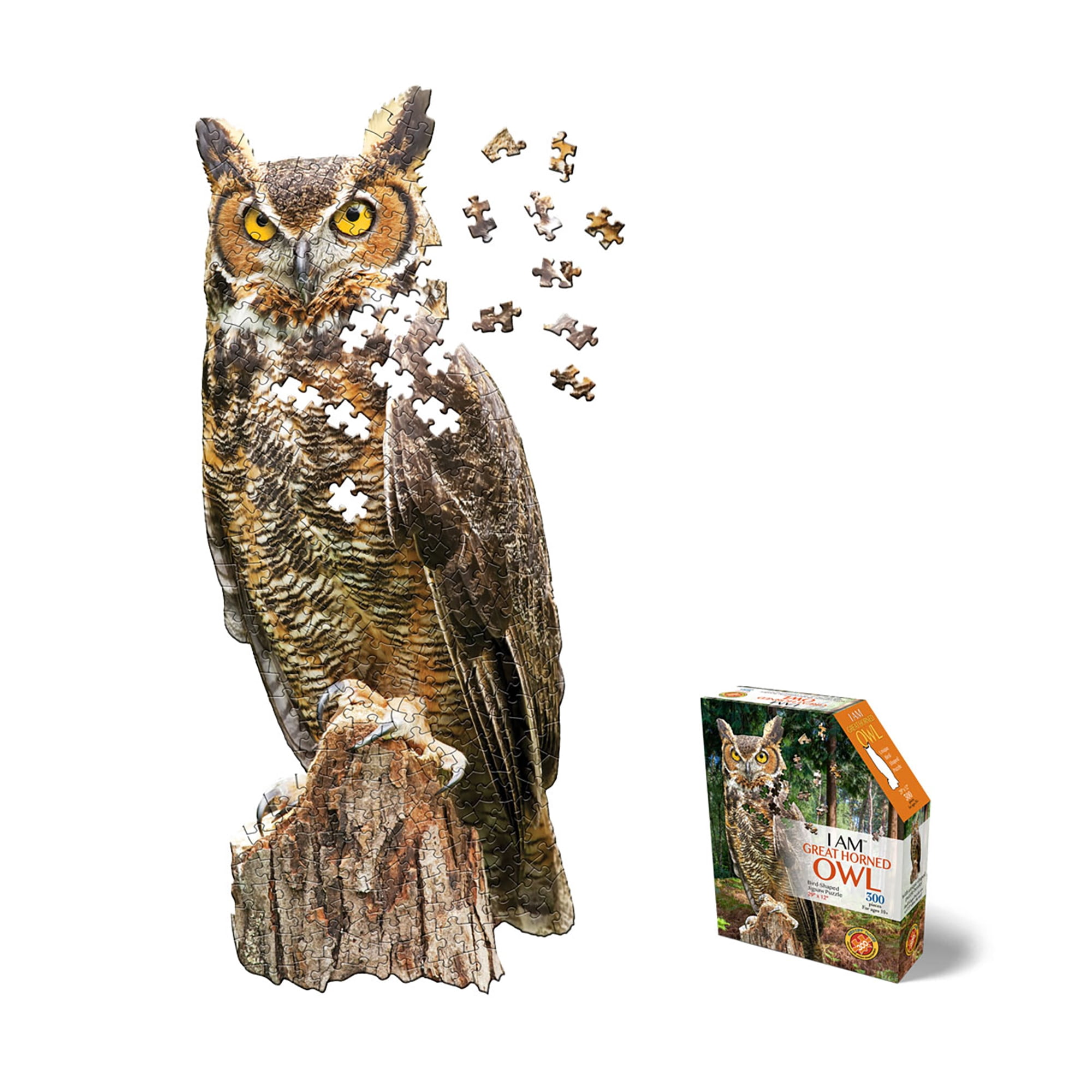 Madd Capp: I AM GREAT HORNED OWL - 300 Piece Jigsaw Puzzle, Bird-Shaped Puzzle, 29x12" Finished Size, Includes Fun Fact Booklet