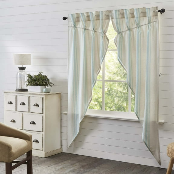 VHC Brands Grain Sack Aqua Blue Stripe Coastal Farmhouse Prairie Long Panel Curtain Set 84x36x18