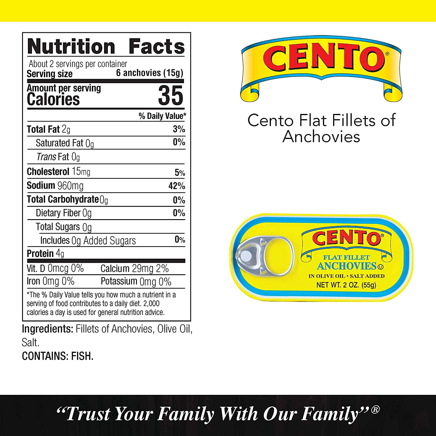 Cento Flat Anchovies in Olive Oil, 2 oz Tins (Pack of 25)