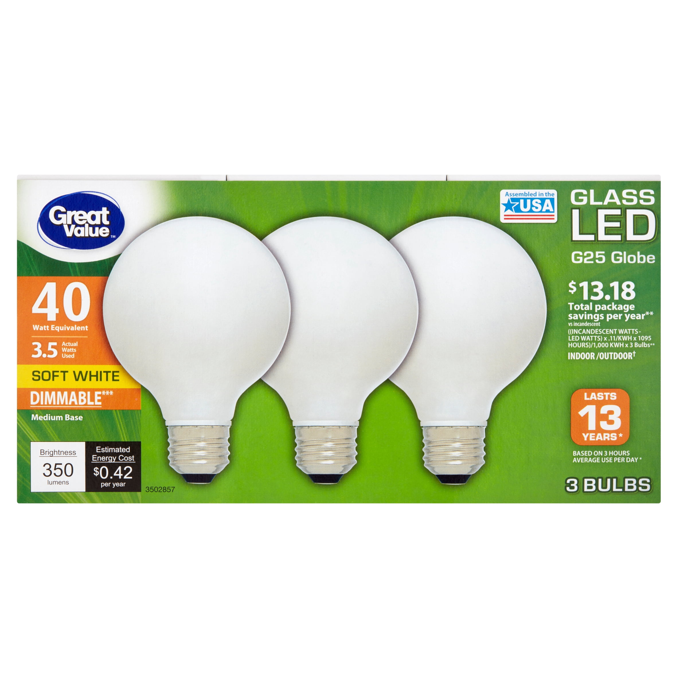 Great Value Glass LED G25 Globe 3.5 Watts Soft White Medium Base Bulbs, 3 count