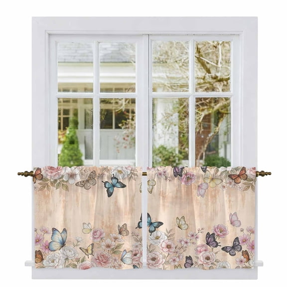 Vintage Spring Floral Tier Curtains 24 Inch Length, Elegant Flowers Butterflies Farmhouse Cafe Short Curtains for Bathroom Over Sink, Small Kitchen Curtain Light Filtering Drapes 2 Panels 27.5"Wx24"L