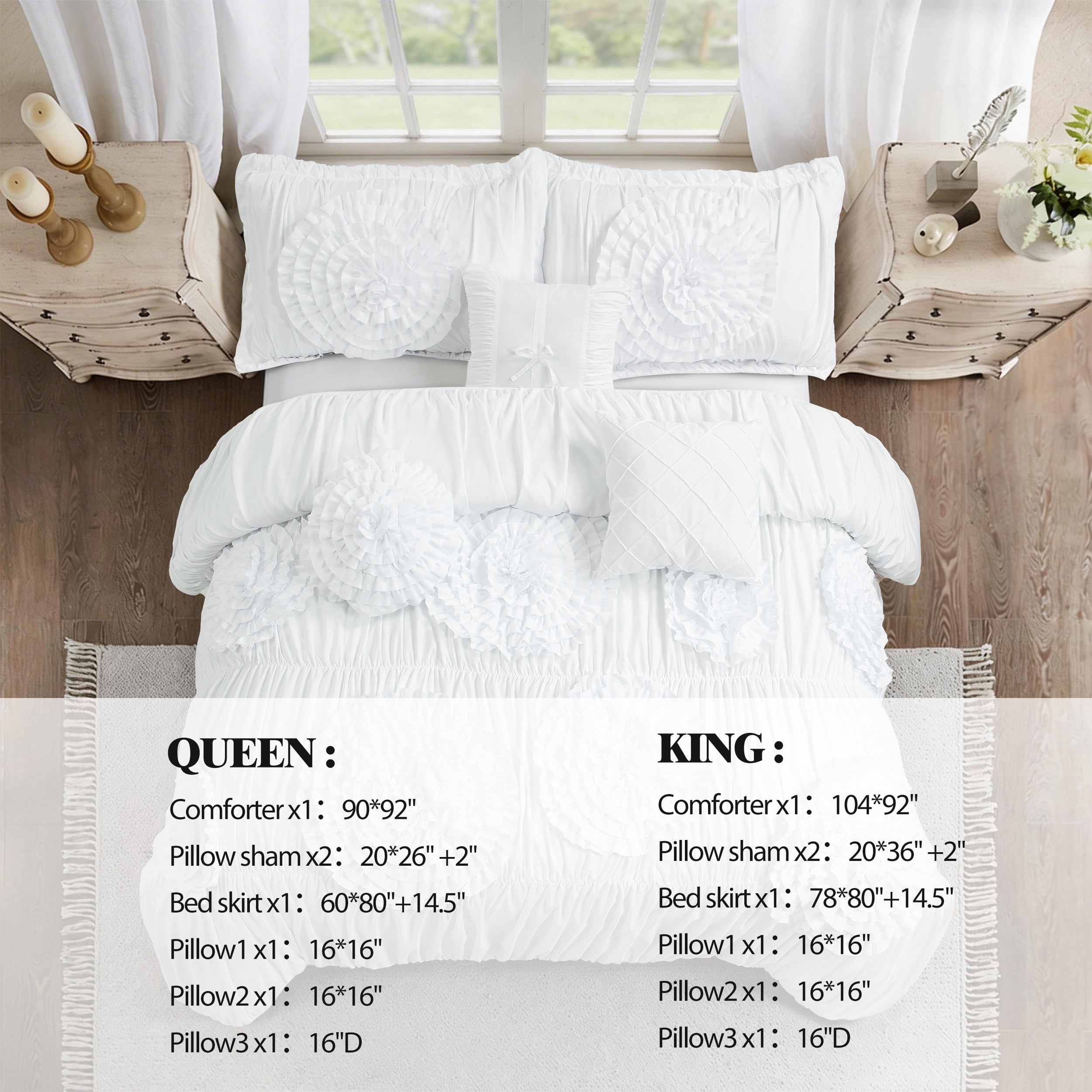 7pc White King Floral Ruffled Comforter Set with 3D Appliqué