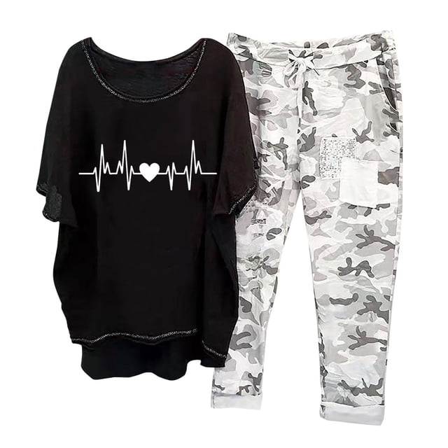 Georges Ensemble de Hauts d'Été pour Femmes 2024 Imprimé Col Rond Manches Mi-Longues Pull + Pantalons Ensembles