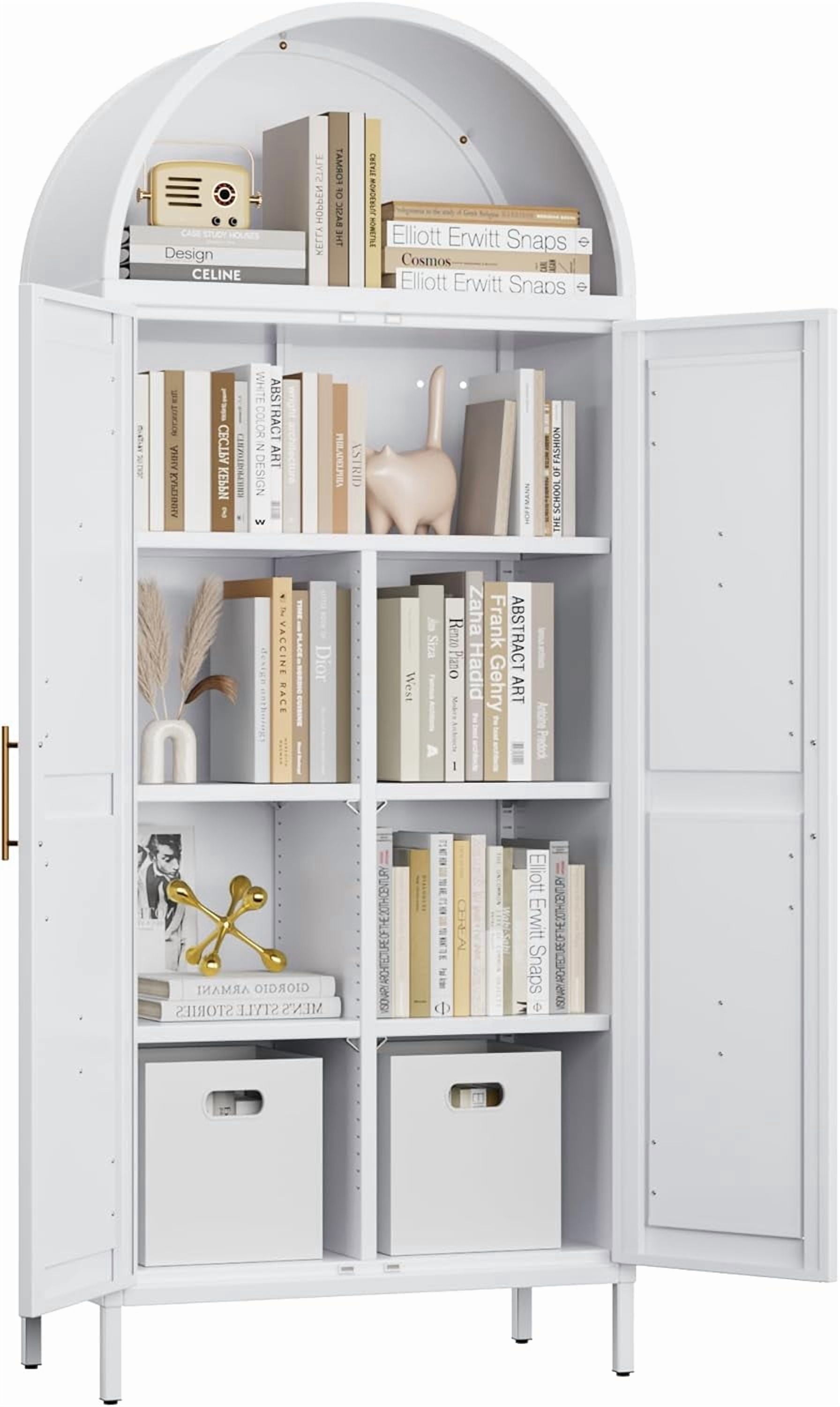 Metal Arched Kitchen Pantry Cabinet with 4 Adjustable Shelves, Farmhouse Arched Cabinet with 2 Doors for Kitchen,Bedroom,Living Room,White, Assemble Required,13.8" D x 27.6" W x 66.9" H