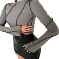 thumbnail image 1 of Women Fashion Wild T-Shirts Patchwork Knitted Ribbed  Neck Flare Long Sleeve Shirts Spring Autumn Slim Fit Tops, 1 of 4