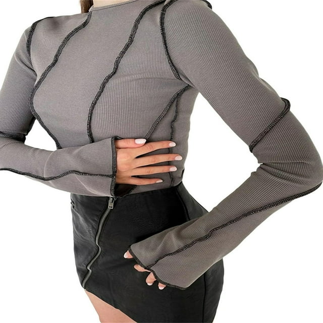 Women Fashion Wild T-Shirts Patchwork Knitted Ribbed Neck Flare Long Sleeve Shirts Spring Autumn Slim Fit Tops