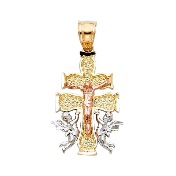 14K Tri Color Gold Religious Cross of Caravaca Pendant | 3C Gold Charm Pendant for Necklace Chain | Jewelry Gift for Men Women | 25 x 16 MM | 2.3 grams