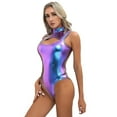 thumbnail image 5 of Women Shiny Metallic Sleeveless Mock Neck Cut Out Bodysuit Catsuit Swimsuit Club Pole Dance Leotard, 5 of 7