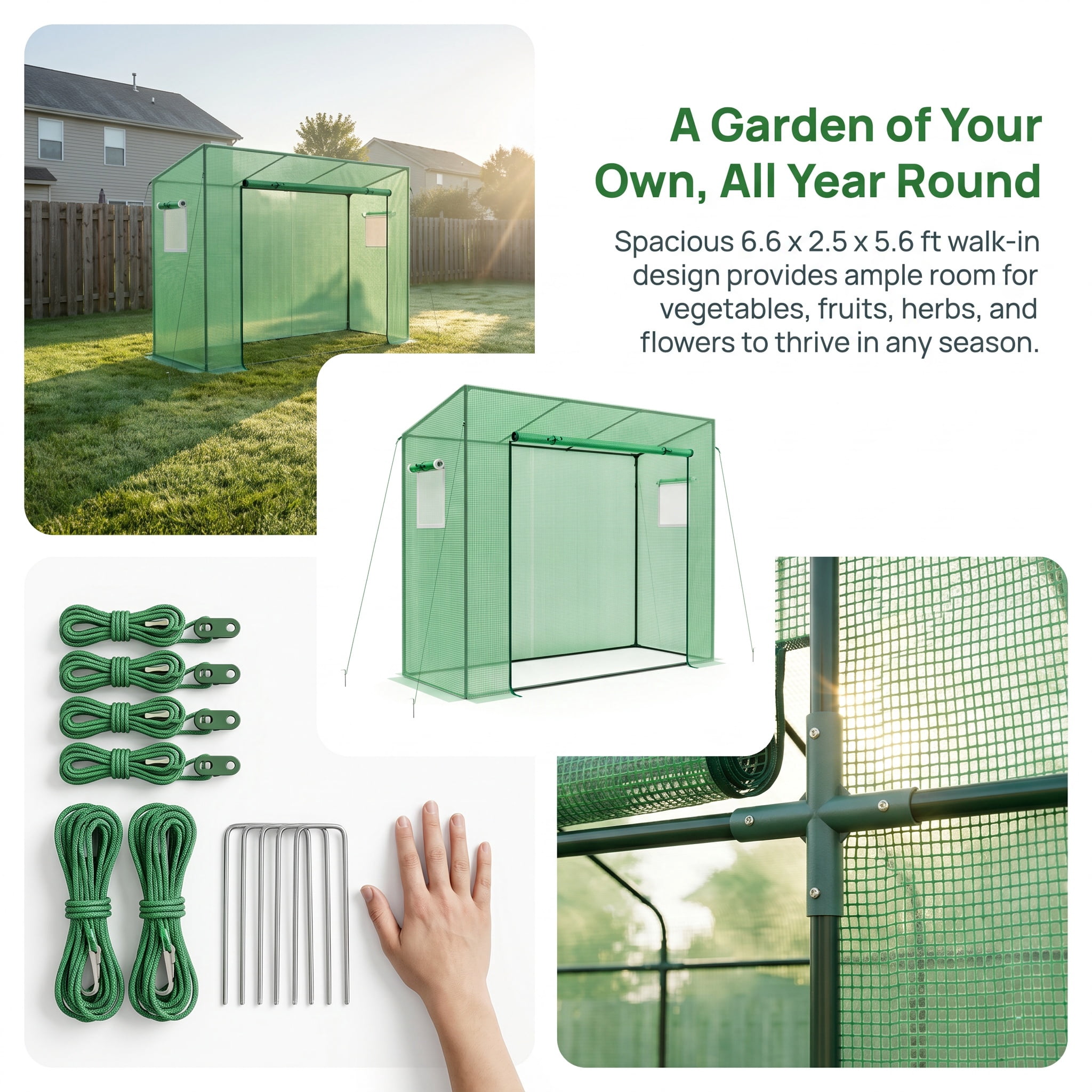 Kadyn Outdoor Portable Walk-in Greenhouse with PE Cover Heavy-Duty Metal Frame Roll-up Zipper Door