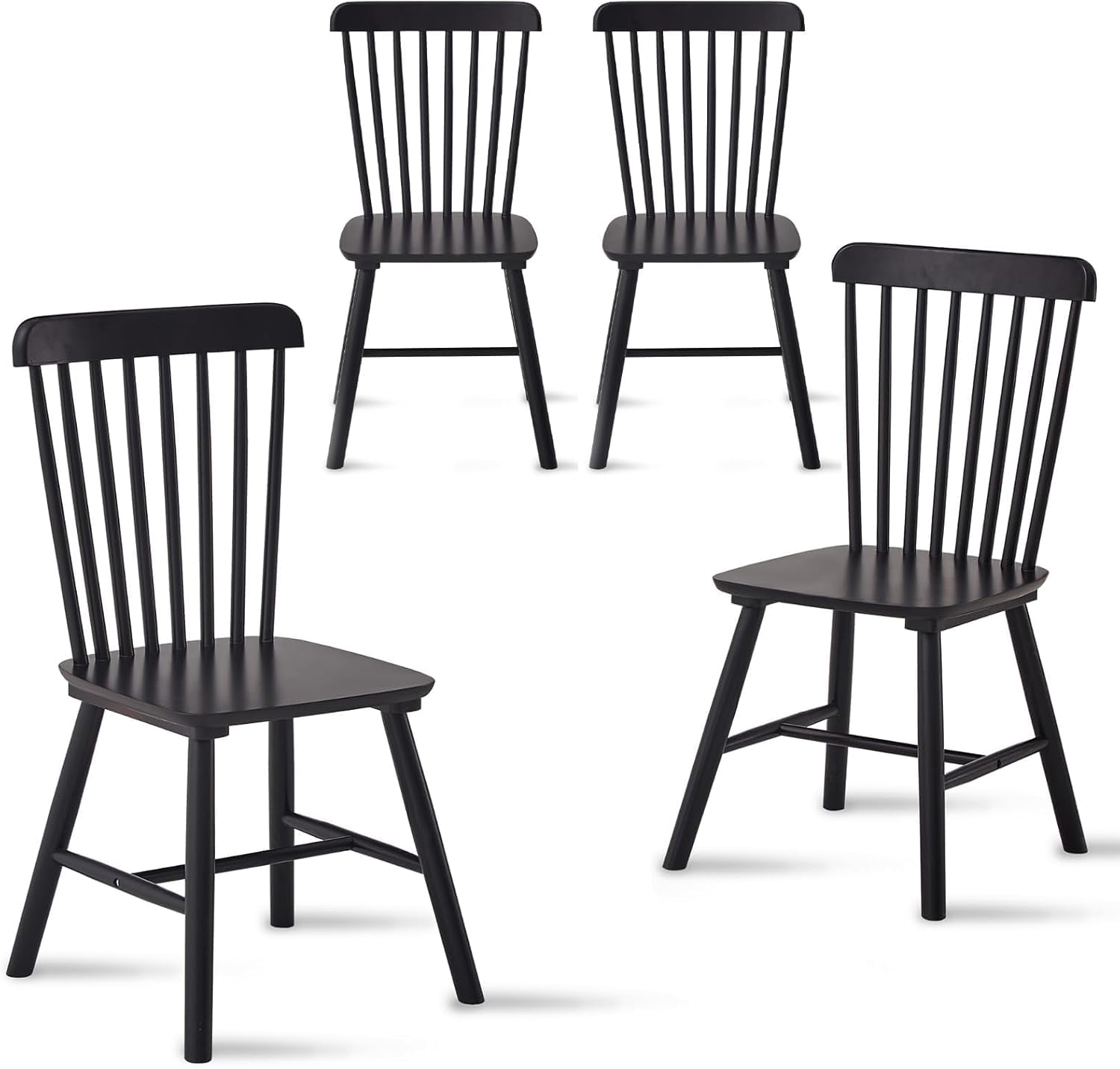 GARITIN Dining Chairs Set of 4, Solid Rubber Wood Kitchen Chairs with Curved Backrest and Rounded Edges for Dining Room, Black